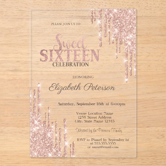 Cool Modern Glitter Drips Roos Gold Sweet 16 Acryl Uitnodigingen (Voorkant)