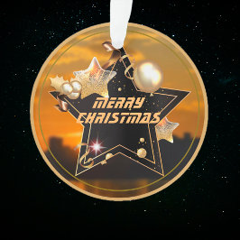 Cool Modern Gold Black Metallic Stars Merry Xmas Ornament