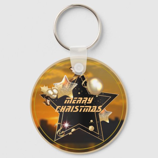 Cool Modern Gold Black Metallic Stars Merry Xmas Sleutelhanger (Voorkant)