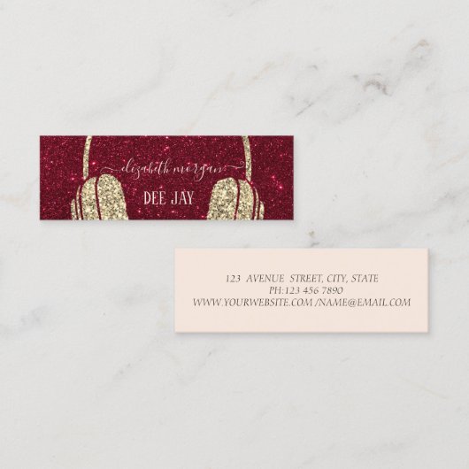 Cool Modern Gold Glitter Headphone DJ Red Glitter Mini Visitekaartje (Voorkant / Achterkant)