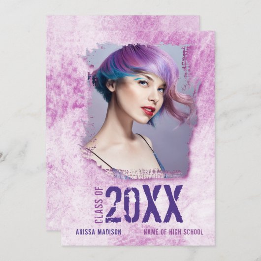 Cool Modern Grunge 2 Sided Photo Pink Paars Afstud Aankondiging (Voorkant / Achterkant)