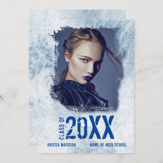 Cool Modern Grunge Double Sided Photo Blue Afstude Aankondiging (Voorkant / Achterkant)