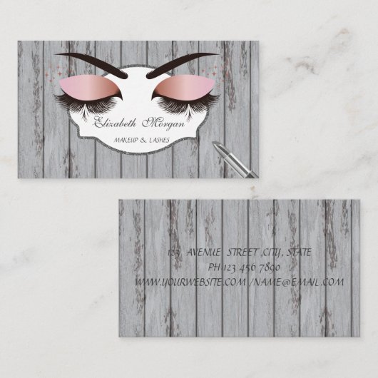Cool Modern, Lashes, Lipstick, houtextuur Visitekaartje (Voorkant / Achterkant)