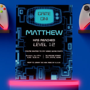 Cool Modern Navy Blue Black Teen Video Game Party Kaart