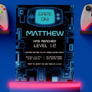 Cool Modern Navy Blue Black Teen Video Game Party Kaart