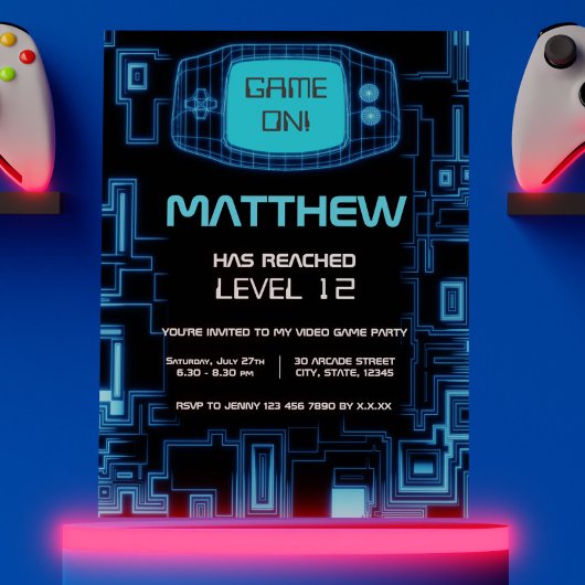 Cool Modern Navy Blue Black Teen Video Game Party Kaart