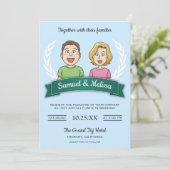 Cool Modern Schattige Comic Couple Huwelijksuitnod Kaart (Staand voorkant)