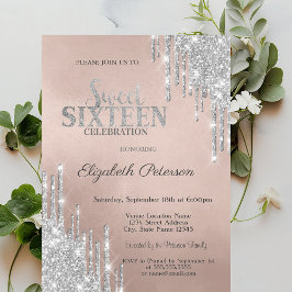 Cool Modern Silver Glitter Drips Sweet 16 Kaart