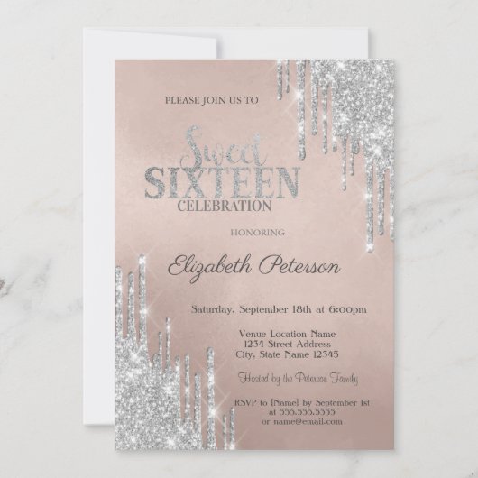 Cool Modern Silver Glitter Drips Sweet 16 Kaart (Voorkant)