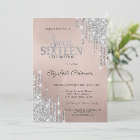 Cool Modern Silver Glitter Drips Sweet 16 Kaart (Staand voorkant)