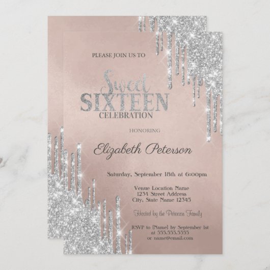 Cool Modern Silver Glitter Drips Sweet 16 Kaart (Voorkant / Achterkant)