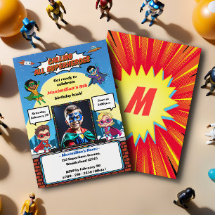 Cool Modern Superhero Cartoon Foto Verjaardagsfees Kaart