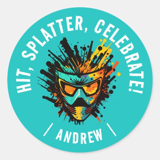 Cool Modern Turquoise Paintball Verjaardagsfeest Ronde Sticker (Voorkant)