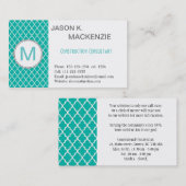 Cool, modern turquoise vierbladig monogram profess visitekaartje (Voorkant / Achterkant)