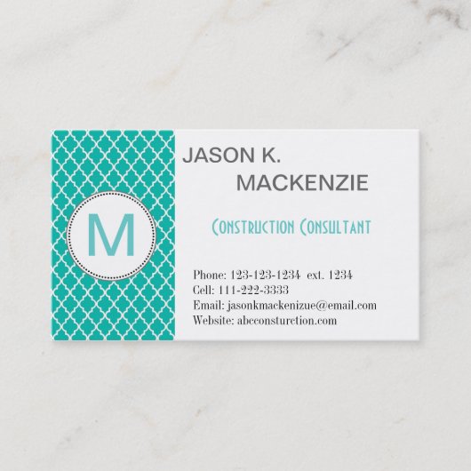 Cool, modern turquoise vierbladig monogram profess visitekaartje (Voorkant)