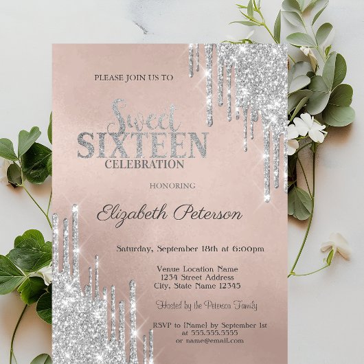 Cool Moderne Zilveren Glitterdruppels Sweet 16 Kaart