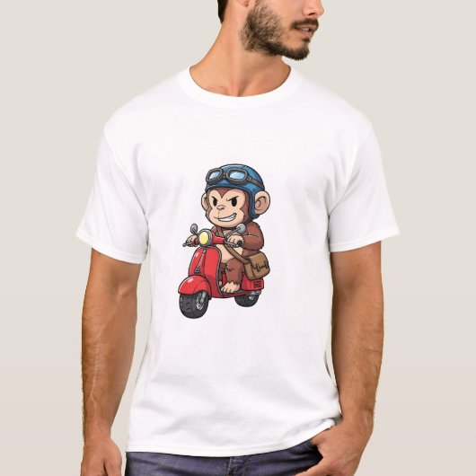 Cool Monkey Courier Riding Red Retro Scooter T-shirt (Voorkant)