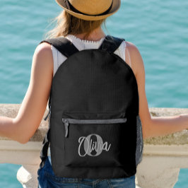 Cool Monochrome Zwart Grijs Modern Script Monogram Bedrukte Rugzak