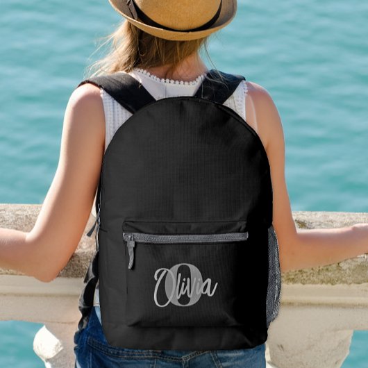 Cool Monochrome Zwart Grijs Modern Script Monogram Bedrukte Rugzak