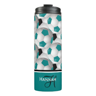 Cool Monogram Blauwgroen Black Voetbal Patroon Thermosbeker