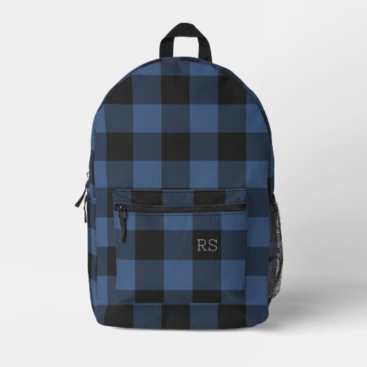 Cool Monogram Initialen Blue Gingham Buffalo Check Bedrukte Rugzak (Voorkant)