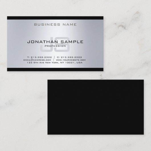 Cool Monogram Silver Modern Plain Luxury Elegant Visitekaartje (Voorkant / Achterkant)