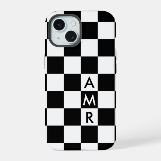 Cool Monogram Zwart Wit Geruit Patroon iPhone 15 Case (Achterkant)