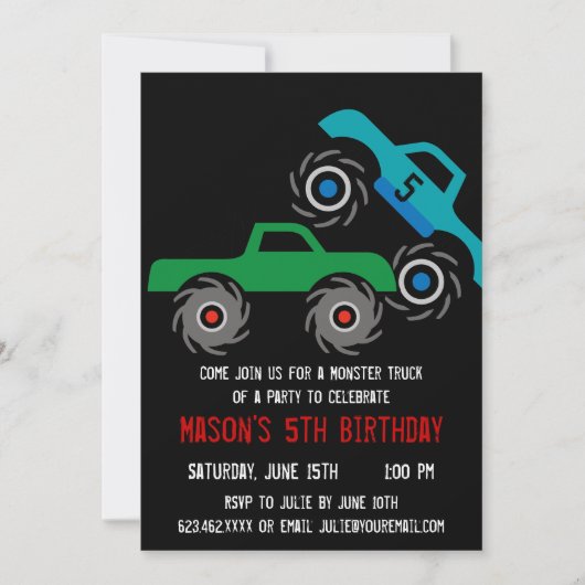 Cool Monster Trucks Birthday Party Invitations Kaart (Voorkant)