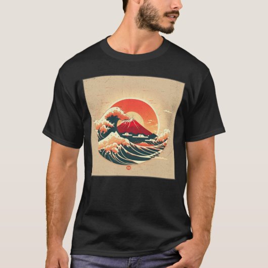 Cool Mt Fuji Big Waves Illustration Sea Sunset Wom T-shirt (Voorkant)