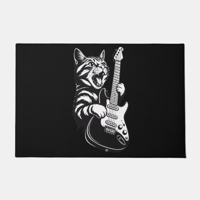 Cool Music Love | Rock Cat Playing Electric Guitar Deurmat (Voorkant)