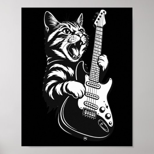 Cool Music Love | Rock Cat Playing Electric Guitar Poster (Voorkant)