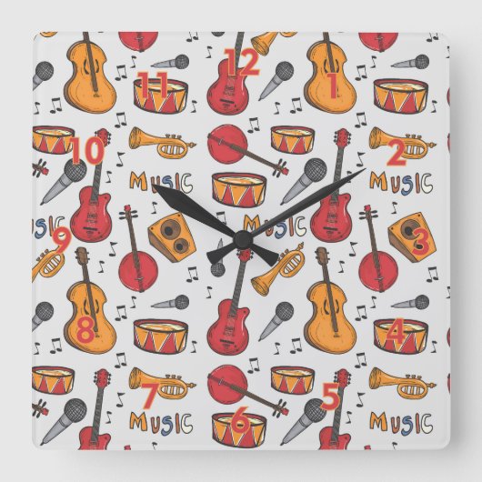 Cool Music Thed Banjo Drums Guitar Violin More Vierkante Klok (Voorkant)