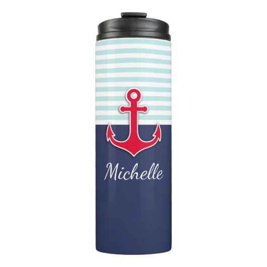 Cool nautisch marineblauw ontwerp gepersonaliseerd thermosbeker (Voorkant)