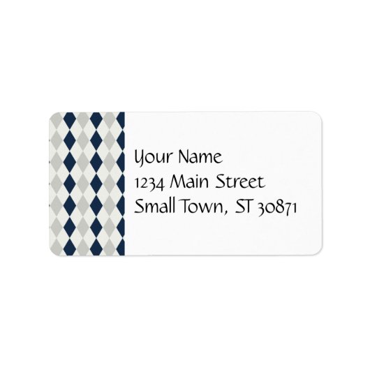 Cool Navy Blauw en Grijs Argyle Diamond Patroon Etiket (Voorkant)