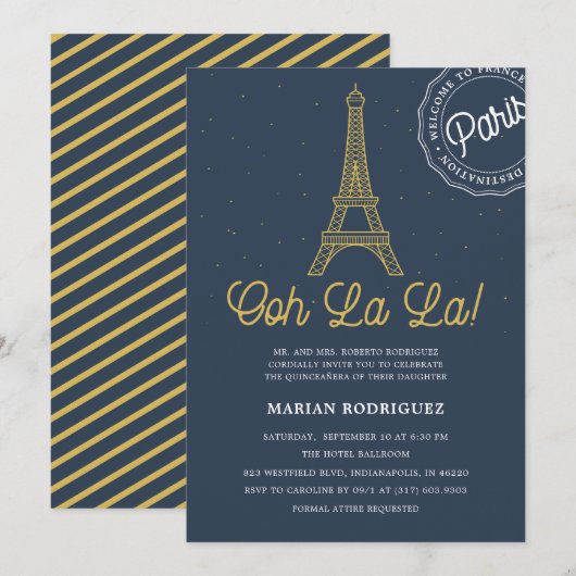 Cool Navy Blue Gold Eiffeltoren Paris Quinceañera Kaart (Voorkant / Achterkant)
