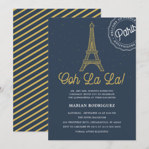 Cool Navy Blue Gold Eiffeltoren Paris Quinceañera Kaart