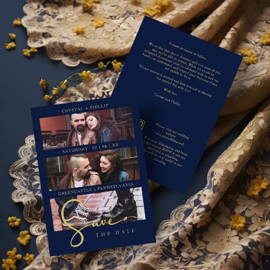 Cool Navy Golden Romantic Wedding 3 Multi Photos Save The Date