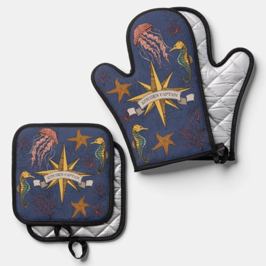 Cool Navy Nautical Kitchen Captain Zee Life Ovenwant & Pannenlap Set (Voorkant / Achterkant)