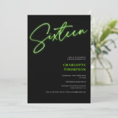 Cool neon green script retro zwarte foto Sweet 16 Kaart (Staand voorkant)