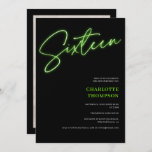 Cool neon green script retro zwarte foto Sweet 16 Kaart<br><div class="desc">Cool neon green script retro zwarte foto Sweet 16 uitnodiging.</div>