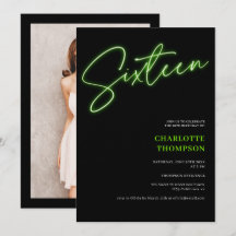 Cool neon green script retro zwarte foto Sweet 16