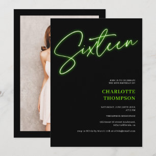 Cool neon green script retro zwarte foto Sweet 16 Kaart