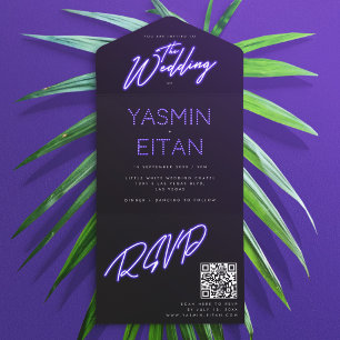 Cool Neon Paarse Lights Zwart Modern Wedding All In One Uitnodiging