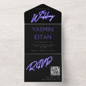 Cool Neon Paarse Lights Zwart Modern Wedding All In One Uitnodiging (Binnen)