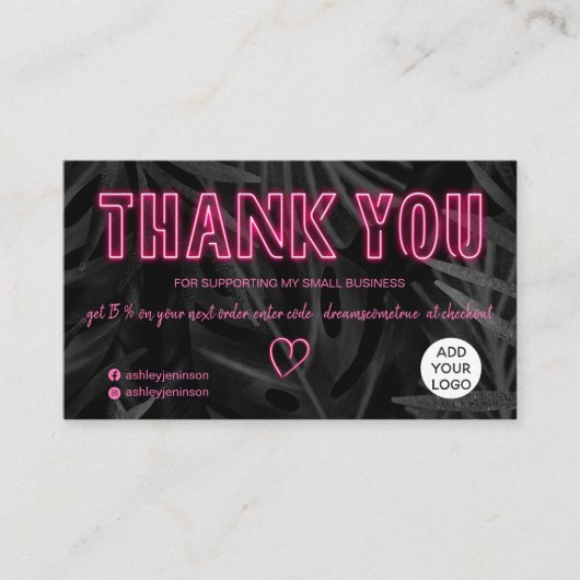 Cool neon roze tekenvolgorde bedankt zwart blad visitekaartje (Voorkant)