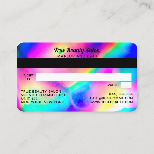 Cool Neon Unicorn Holographic Credit Kaart Visitekaartje (Achterkant)