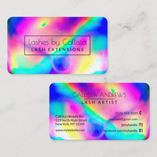 Cool Neon Unicorn Holographic Lash Artist Visitekaartje (Voorkant / Achterkant)