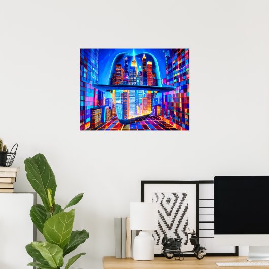 Cool New York City Hat on a NYC Skyscraper Balcony Poster (Thuiskantoor)