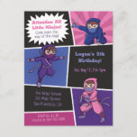 Cool Ninja School Kids Birthday Party Kaart<br><div class="desc">Nodig je kindergasten uit om op de Ninja-school te trainen met deze kleurrijke uitnodiging met een kleurenpalet blauw, roze, paars en zwart. Het bevat 3 ninjas in verschillende houdingen. Uitnodiging wordt gedaan in een stijl die vergelijkbaar is met retro superhelden formaat met halftonen, sunburst etc. Perfect voor verjaardagsjongens en meisjes...</div>