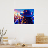 Cool NYC Girl in Fedora Nightscape Buildings Art Poster (Keuken)